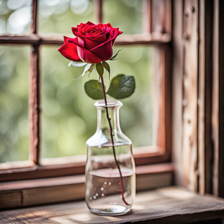Single red rose in vintage glass bottle in rustic farmhouse windowの素材