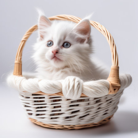 White kitten in a wicker basket with decorative twisted white yarn trim isolated on soft gray gradient backgroundの素材