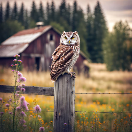 Owl perched on an old fence post with pink flowers and rustic barnの素材