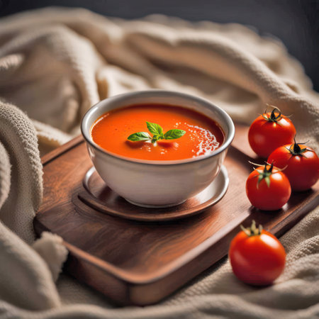 Bowl of tomato soup on a wooden tray and warm cozy blanketの素材