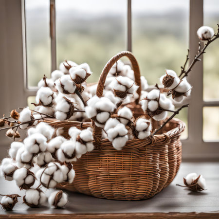Cotton branch bouquet in a brown wicker basket by a windowの素材