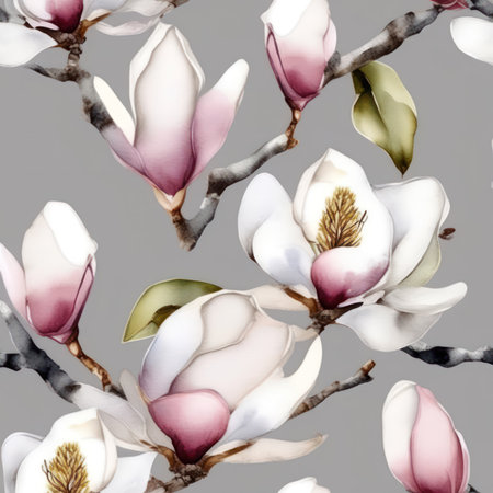 Large magnolia flowers and bud abstract on soft gray backgroundの素材