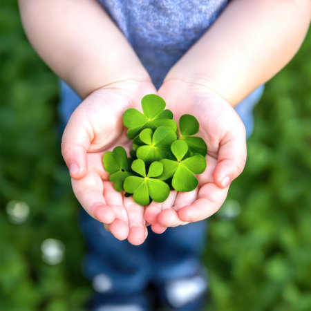 Lucky green four-leaf clovers in a young child's hands for St. Patrick's Dayの素材