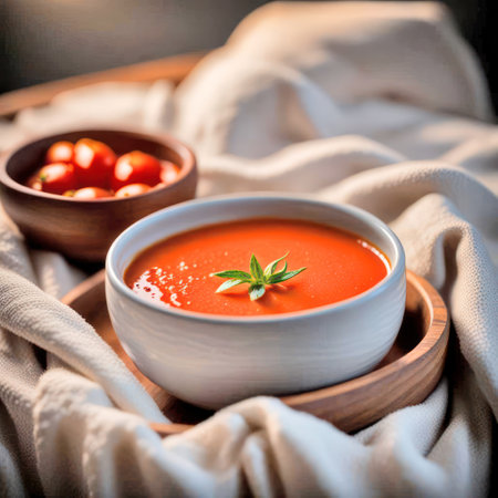 Tomato soup in a white bowl on a wooden tray and soft beige blanket