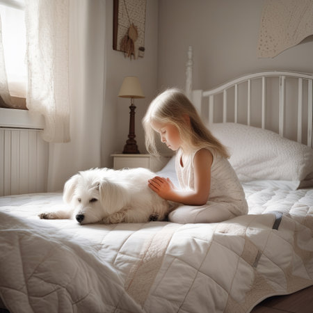 A young girl with a white fluffy dog praying on a bedの素材