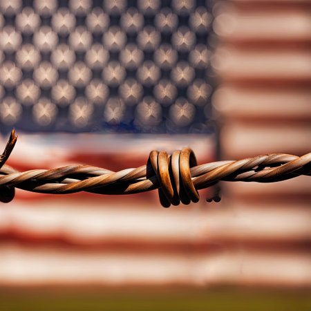 Close-up of rusty barbed wire with an American flag blurred backgroundの素材