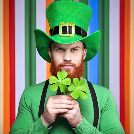 Irish adult man with a red beard and holding four-leaf clovers on rainbow striped backgroundの素材