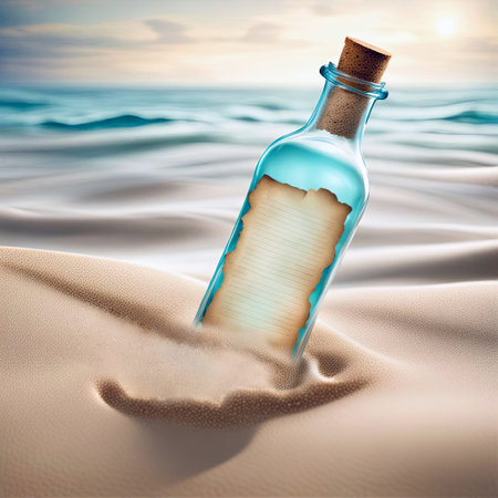 Vintage blank note in a aqua glass bottle stuck in beach sand with ocean backgroundの素材