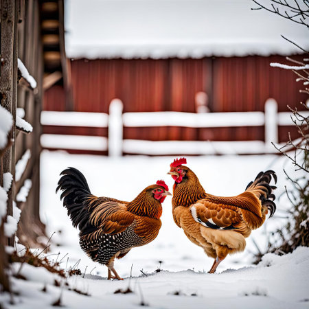 Pair of chickens in snow with red barn and fence backgroundの素材