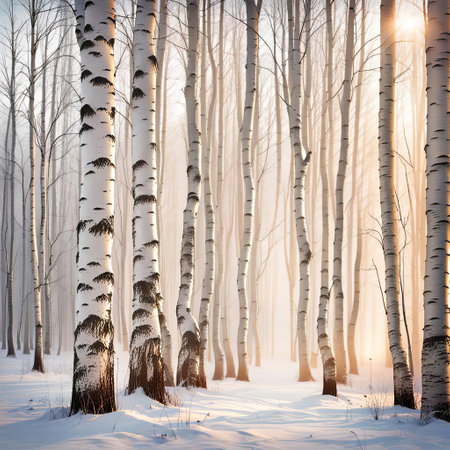 Winter white birch tree forest with morning sunlight glowの素材
