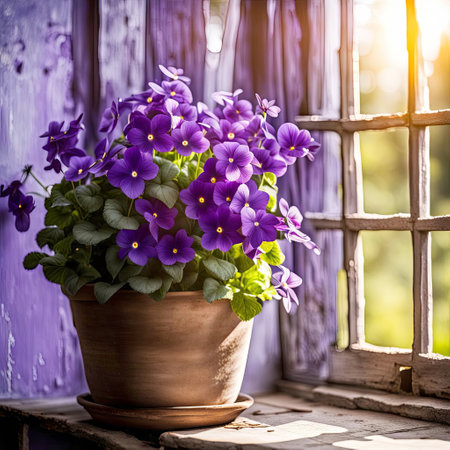 Violet plant in an old clay pot by sunny rustic farmhouse windowの素材