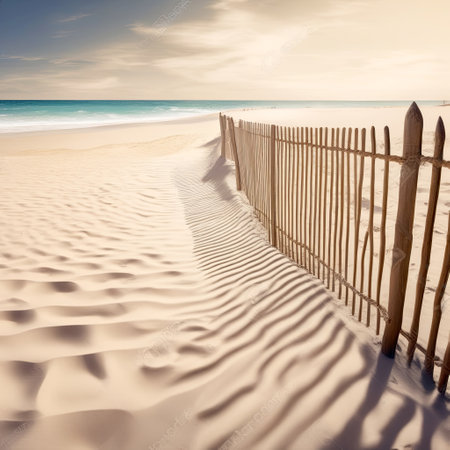 Wooden beach fence in sand with abstract shadows and ocean backgroundの素材