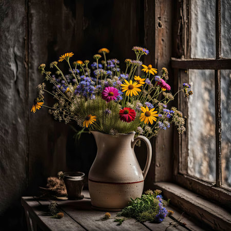 Wildflower bouquet in a vintage pitcher by a rustic farmhouse winowの素材
