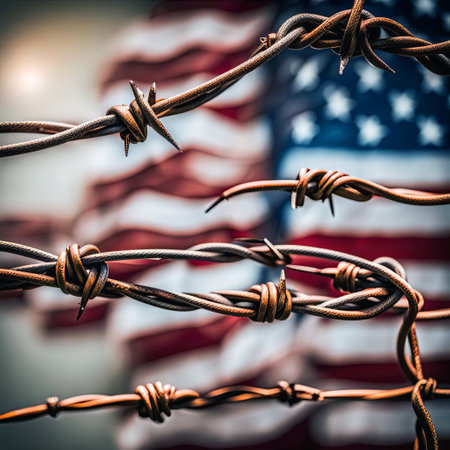 Closeup of rusty barbed wire with blurred American flag backgroundの素材