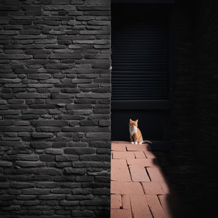 Stray tabby cat in dark alley with brick wallの素材