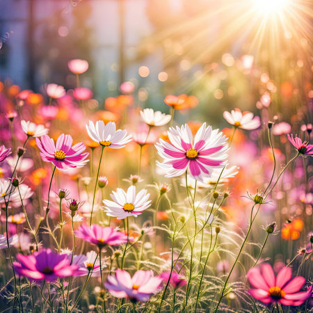 Pink cosmos flower garden in bright summer sunlightの素材