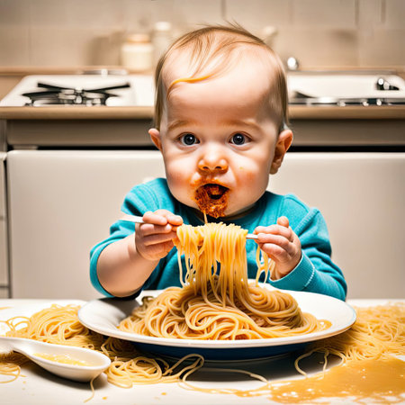 Cute baby eating Italian spaghetti in a kitchenの素材