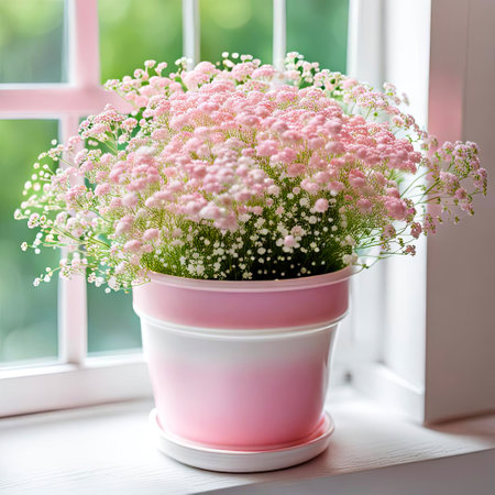 Pink baby's breath in pink pot by a sunny white windowの素材