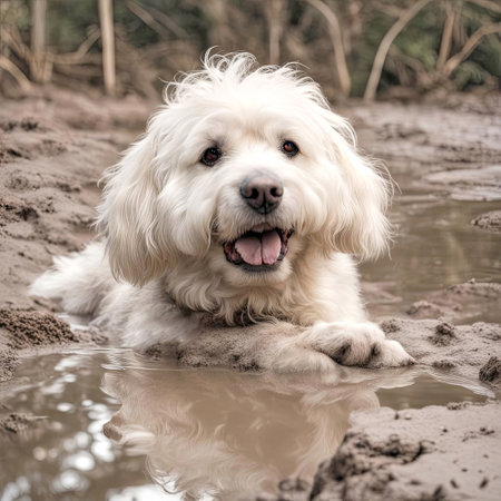 Happy white fluffy dog laying in a mud puddleの素材