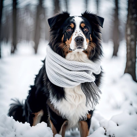 Australian Shepherd dog wearing a white knit winter scarf and sitting on snowの素材