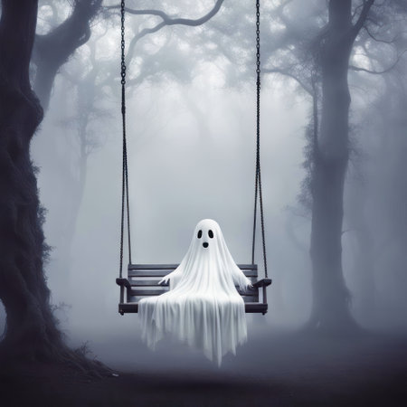 White ghost sitting on a swing in a misty spooky forestの素材