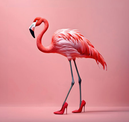 Pink flamingo wearing red high-heel shoes isolated on a pink backgrounの素材