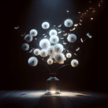 Fluffy dandelion bouquet in glass vase isolated on whiteの素材