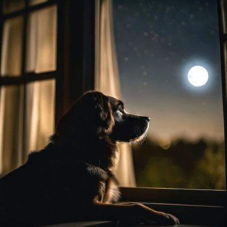 Golden retriever looking out of a window at a full moonの素材