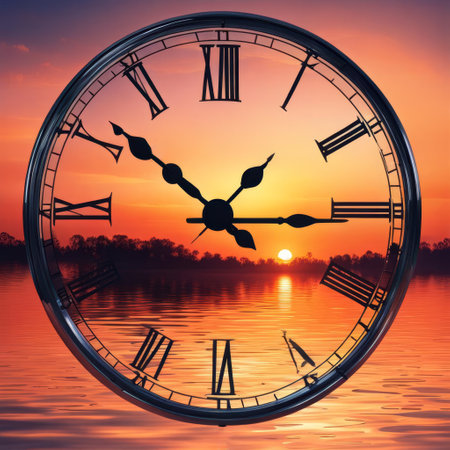 Silhouette of a large clock with Roman numerals on sunset background for daylight savings timeの素材