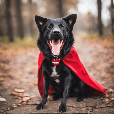 Black dog wearing a red vampire cape in autumn woodsの素材