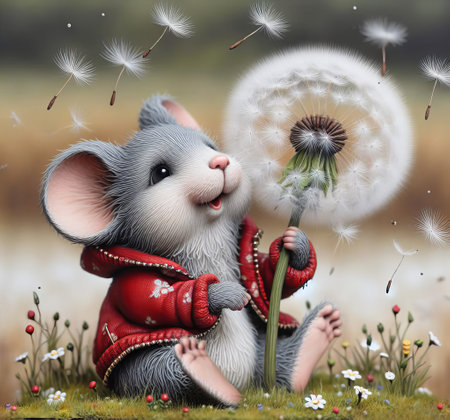 A cheerful anthropomorphic mouse in a red jacket holds a dandelion puff, with several seeds floating away in the airの素材