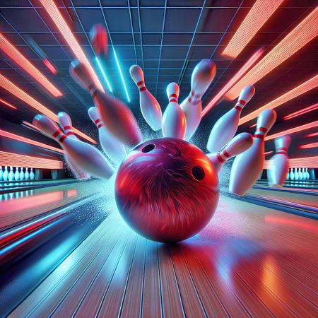 A bowling ball is in motion on a lane, speeding towards the pins with a dynamic energy effect surrounding itの素材