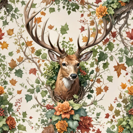A buck deer with large antlers surrounded with colorfull autumn leaves and vibrant flowersの素材