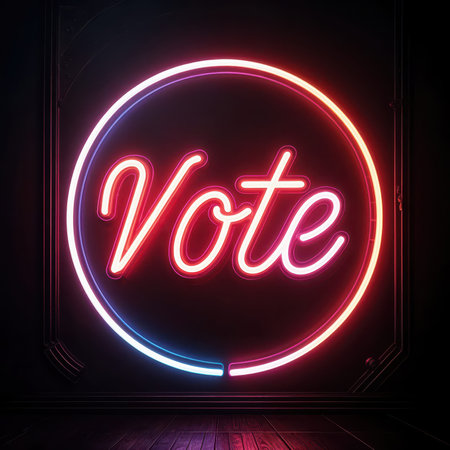 A neon sign displays the word "Vote" inside a circular outline, with vibrant red and blue tones giving it a striking luminescenceの素材