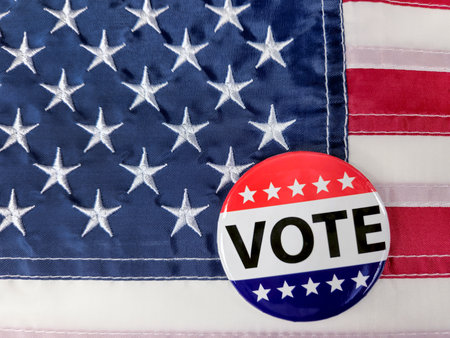 American campaign vote button on a United States flag