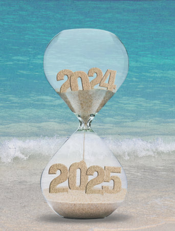 New Year 2025 hourglass on beach sand with ocean background
