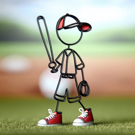 A stylized wireframe stick figure wears a baseball cap and red sneakaker holds a bat and standing on a blurred field backgroundの素材