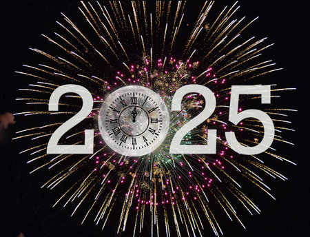 New Year 2025 full moon with clock face and fireworks in black skyの写真素材