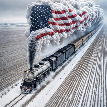 An old steam locomotive travels through a snowy Midwest barren farmland with steam forming the design of the American flag above itの素材