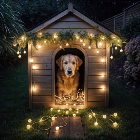 A golden retriever sits inside a wooden doghouse adorned with glowing string lightsの素材