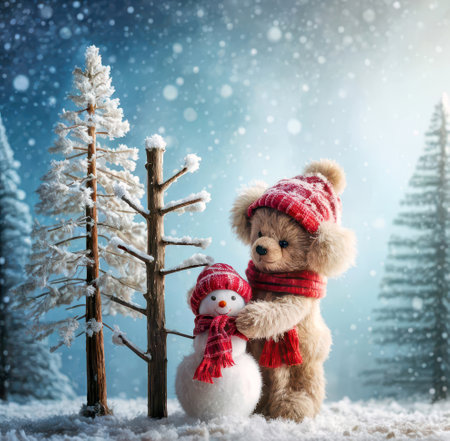 A cozy scene features a teddy bear dressed in a red hat and scarf beside a small snowman adorned with matching attireの素材