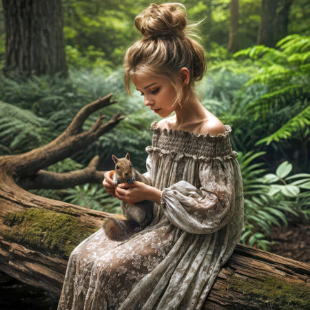 A young girl in a vintage-style dress sits on a moss-covered log in a lush forest gently holding a small squirrelの素材