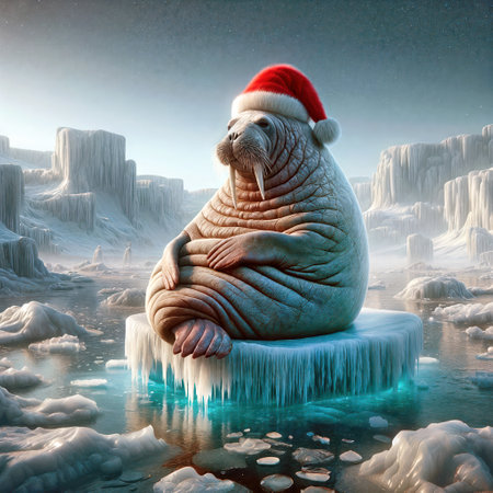 A walrus wearing a Santa Claus hat sits on a small ice floe surrounded by icy cliffs and frozen waterの素材