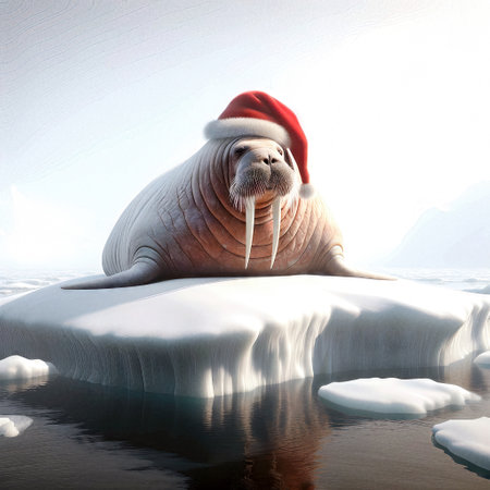 A walrus wearing a Santa hat rests on an ice floe surrounded by cold waterの素材