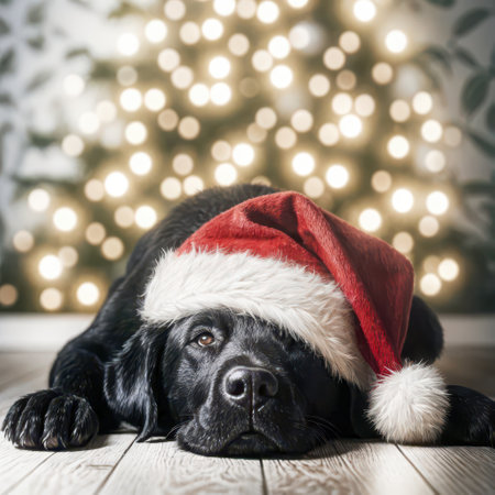A black Labrador Retriever wearing a Santa hat lies on a wooden floor with a beautifully blurred Christmas tree glowing in the backgroundの素材