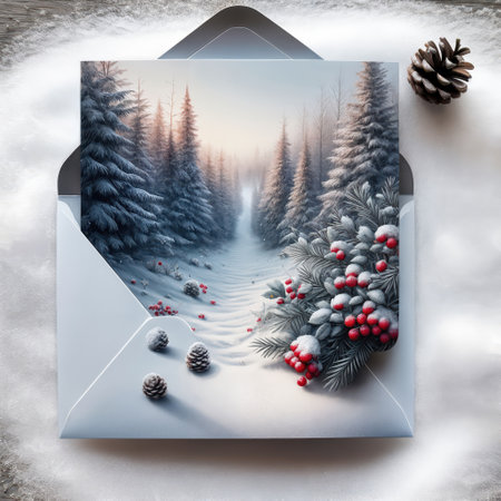 A serene winter landscape features a snow-covered path flanked by frosty evergreen trees with vibrant red berriesの素材