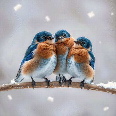 Three bluebirds with vibrant blue and orange plumage perch closely together on a snow-covered branchの素材