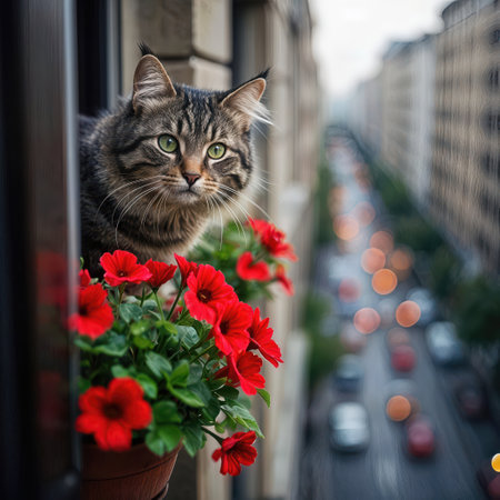 A fluffy tabby cat with striking green eyes peers out from a high-rise apartment window ledge with a vibrant flowerbox of red petunia flowersの素材