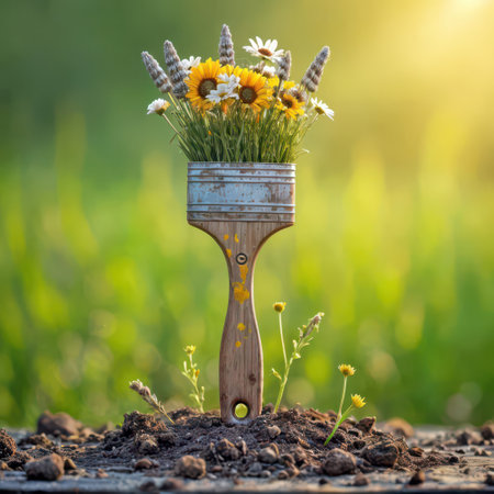 Embedded in soil, a paintbrush creatively holds a bouquet of daisies, sunflowers, and other wildflowersの素材