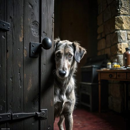 A curious dog peeks through a partially open wooden door, displaying a cautious yet inquisitive expressionの素材